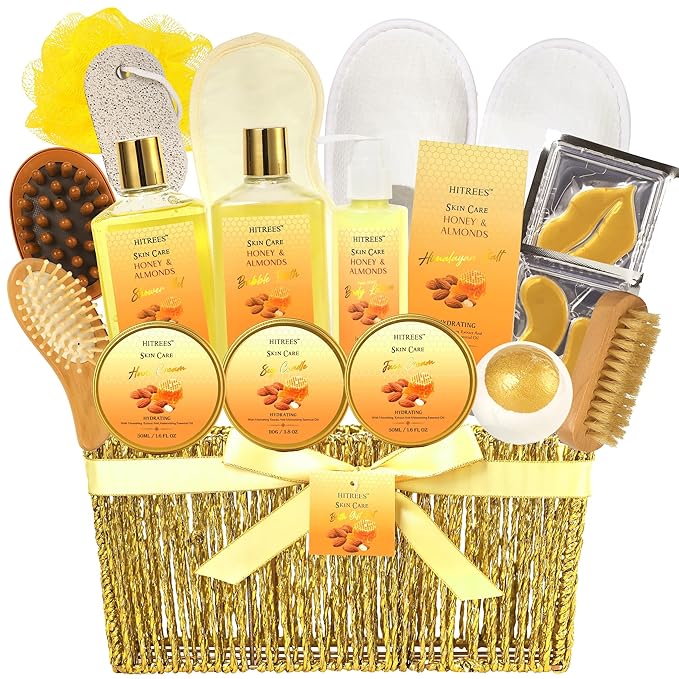 Bath Gift Basket Set, Spa Kit Gifts for Women Men, 18 Pc Almond Milk & Honey Large Spa Gift Basket Luxury Bath Set Relaxing Self Care Pampering Gifts for Birthday, Christmas, Mothers Day Gift Baskets