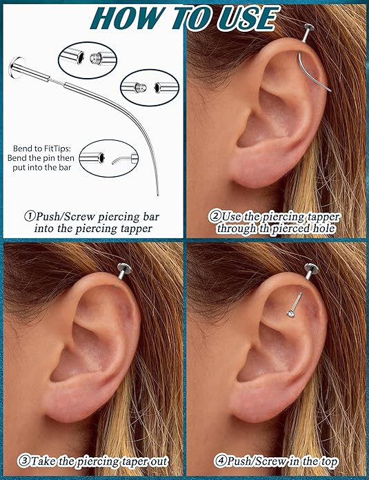 LOLIAS 14G 16G 18G 20G Piercing Taper Ball Grabber Tool for Changing Jewelry - 316L Stainless Steel Flat Back Earrings Piercing Threader Assistant Applicator Tool Threadless Insertion Pin Thread Body Piercing Stretching Kit for Ear Nose Lip Tongue