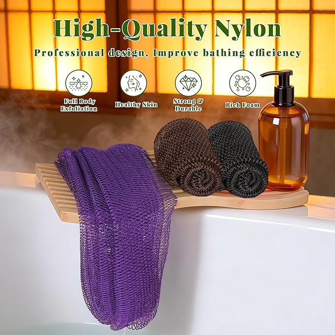 African Net Sponge Authentic, 3 Pieces Exfoliating Scrubber Bath Sponge for All Skin Types, Back Scrubber Loofah Washcloth for Shower, Gentle Exfoliation (Brown,Purple,Black)