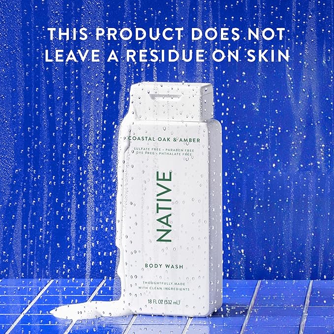 Native Body Wash Contains Naturally Derived Ingredients | For Women & Men, Sulfate, Paraben, & Dye Free Leaving Skin Soft and Hydrating | Coastal Oak & Amber 18 oz - 2 Pk