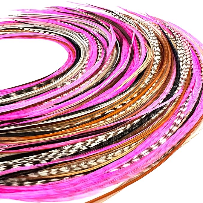 21 Natural & Hot Pink Color Hair Extensions – 9”–14” Long – DIY Rooster Kit with 20 Micro-Link Beads – 100% Real Feathers – Eye-Catching Boho Style