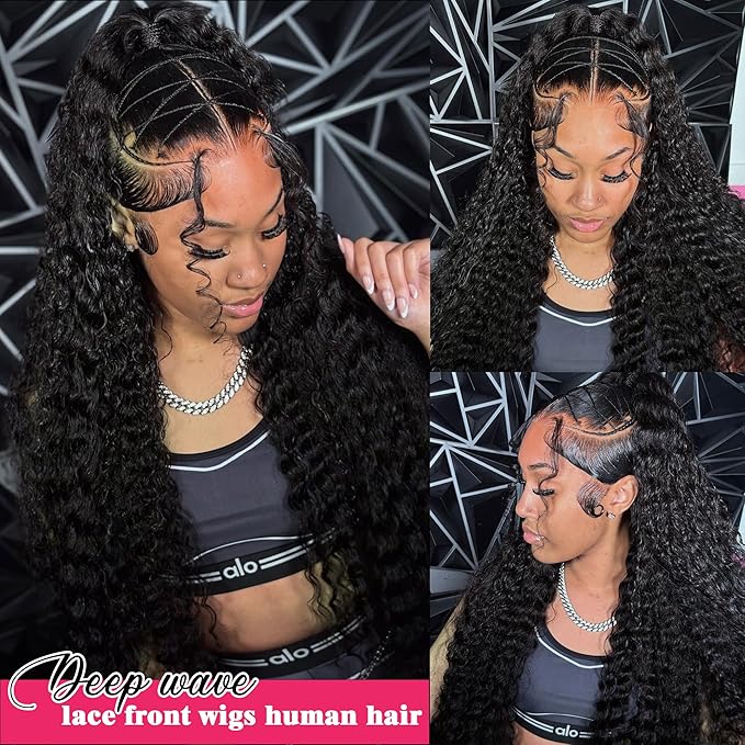 30 Inch Deep Wave Lace Front Wigs Human Hair 13x6 Hd Lace Front Wigs 180% Density For Women Wet And Wavy Glueless Wigs Pre Plucked With Baby Hair Deep Curly Wig Natural Black Color