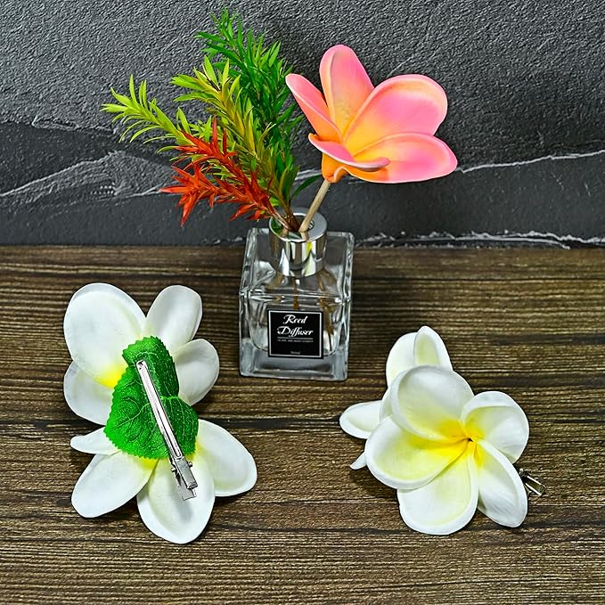 Pack of 2 Real Touch Flowers Hawaiian Flower Hair Clips Plumeria Hibiscus Hair Clips Handmade Hair Accessories for Beach Wedding Bridal Party Mother's Day Women Girls Holiday Gifts (c-811, 2pcs)