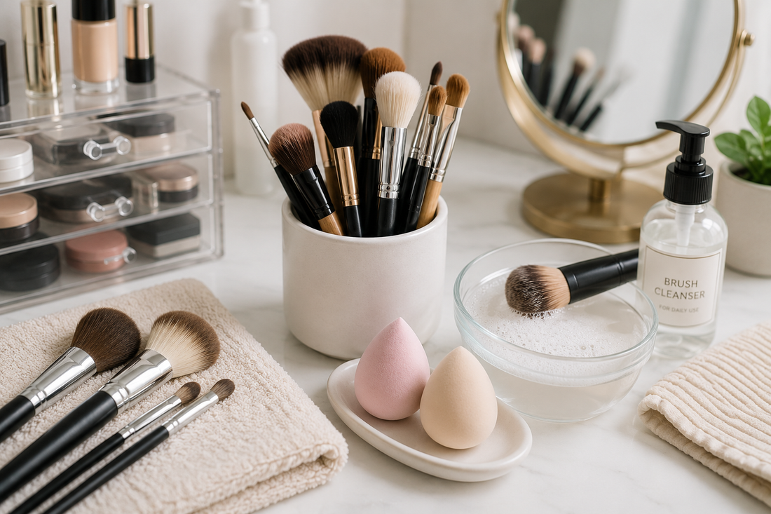 Clean makeup brushes and sponges on a bright surface