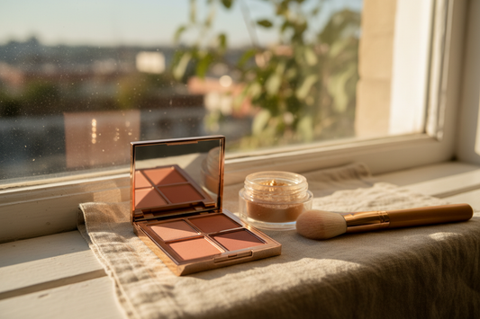 Blush and highlighter compact on linen windowsill with golden light - Earnendel Store