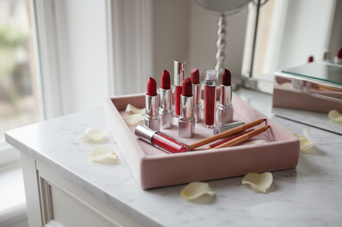 Lip makeup products on pink velvet tray with natural light - Earnendel Store