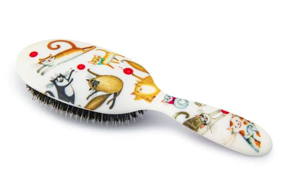 Rock & Ruddle Natural Mixed Boar Bristle Hair Brush for Women and Kids (Small/Travel Size, 17.5cm) - Perfect for Wet or Dry Hair, Detangling Smoothing Blowdrying - Made in UK - Cute Cats