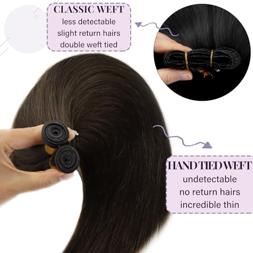 Fshine Genius Weft Real Human Hair Genius Weft for Women Darkest Brown Color 2 14 Inch 50 Gram Bundle Remy Human Bundle Natural Human Weave