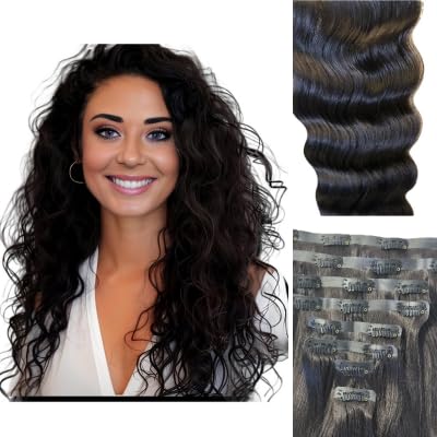 EnvieMe Luxury Hair Extentions Remy Cuticle Intact Double Drawn Real Human Hair Seamless-Invisible Clip Deep Wave Curl Human Hair Extentions #1B Soft Black 22 inch 120g 8 pcs