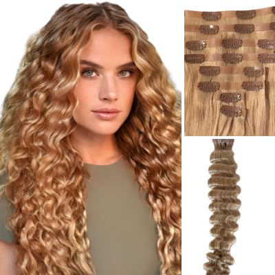 Remy Cuticle Intact Double Drawn Real Human Hair Deep Wave Curl Hair Seamless Invisible Clip In Hair Extentions #18 Dark Blonde110g 20 inch 8 pcs