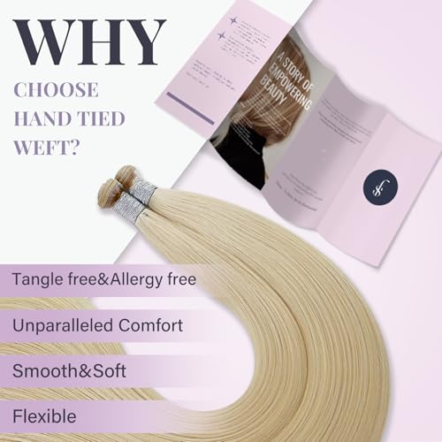 Fshine Weft Real Human Hair Extensions for Women Platinum Blonde Sew in Blonde Hair Weft Remy Human Weave One Piece 16 inch 50 g Soft Straight for Salon or DIY Hair Styling