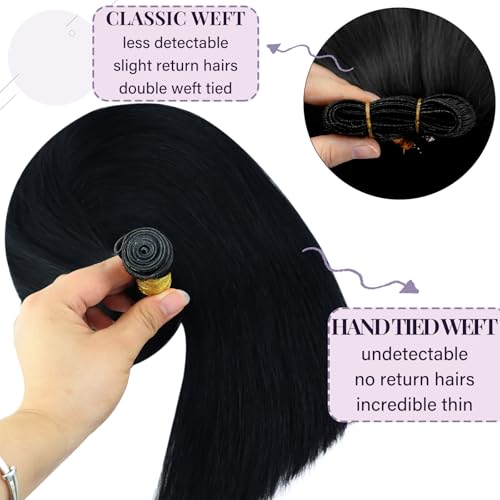 Fshine Genius Weft Hair Extensions Color 1 Black Real Human for Women 24 Inch 60 Gram Genius Weft Human Hair Extensions Natural Long Straight Weave