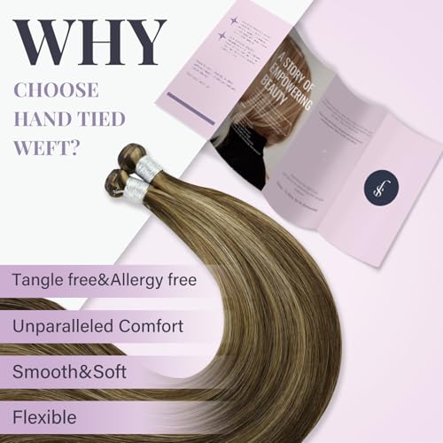 Fshine Real Human Hair Genius Weft Hair Extensions 14 Inch 50g Medium Brown and Caramel Blonde Highlights Sew in Real Human Hair Extensions Highlight Hair Genius Weft Remy Human Hair