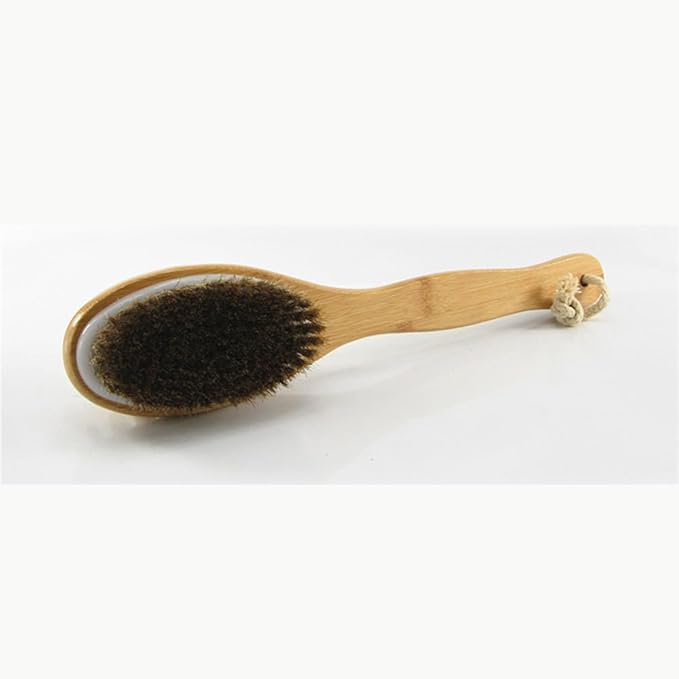Bamboo Handle Dry Body Brush with Soft Natural Horsehair Bristles & Solid Wood Massage Nodes, Dual-Sided Long Handle Bath Shower Brush Back Scrubber. (15.7" Brown)
