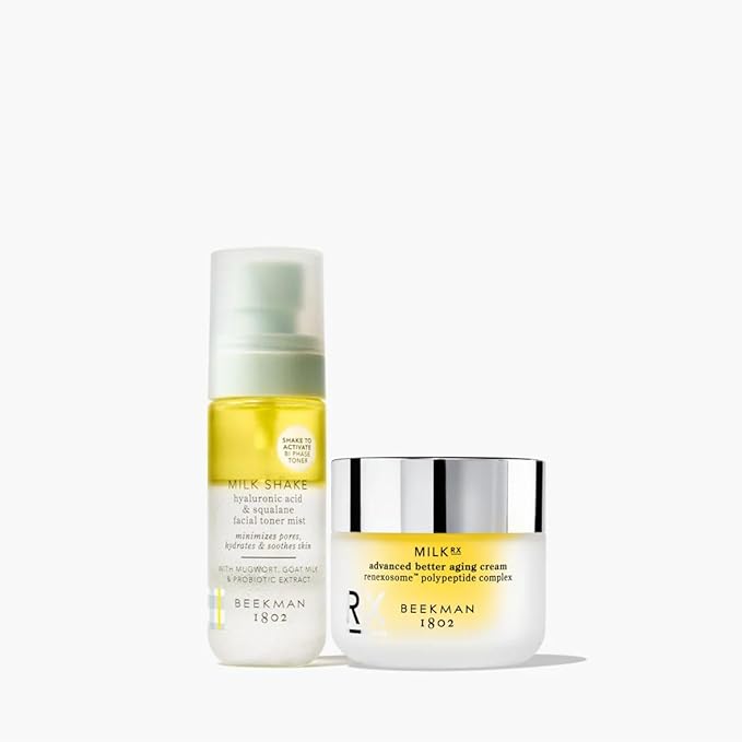 Beekman 1802 Gold Medal Glow Gift Set – 2-Piece Skincare Set Featuring Milk RX Advanced Better Aging Cream (1.69 fl oz) & Mini Milk Shake Hyaluronic Toner Mist (2 fl oz)