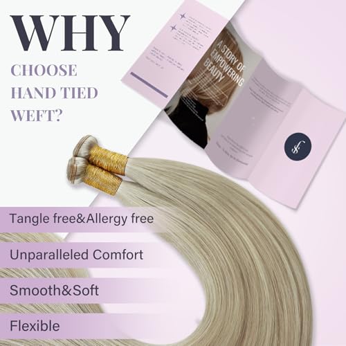 Fshine Hand Tied Genius Weft 14 Inch 50g Ash Blonde Highlighted Bleach Blonde Sew in Remy Human Hair Weave Real Human Hair for Women Highlight Genius Weft Natural