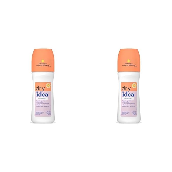 Dry Idea Roll-On Deodorant & Antiperspirant | 2X Longer Sweat Protection | 72-Hour Odor Protection | Unscented & Hypoallergenic for Sensitive Skin, 3.25 oz. (Pack of 2)