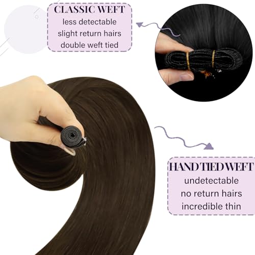 Fshine Human Hair Genius Weft Chocolate Brown Hair Extensions 16 Inch 50g Real Human Extensions for Women Light Brown Genius Weft Sew in Brown Bundle