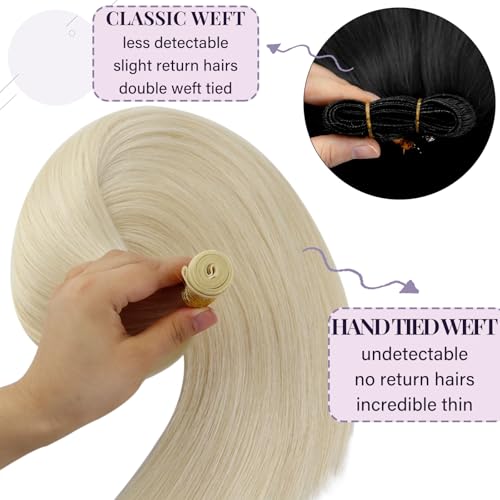 Fshine 18 Inch 1-#60 Platinum Blonde Weft Human Hair Extensions, 50g Real Human Hair, Women Hair Extensions, Remy Human Hair