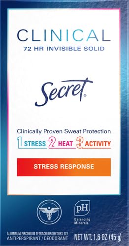 Secret Clinical Strength Antiperspirant Deodorant for Women, Stress Response, 3X Stress Protection, 72hr Sweat & Odor Protection, PH Balancing Minerals, Invisible Solid, 1.6 oz (Pack of 12)