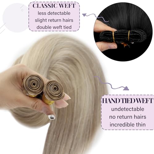 Fshine Hand Tied Genius Weft 14 Inch 50g Ash Blonde Highlighted Bleach Blonde Sew in Remy Human Hair Weave Real Human Hair for Women Highlight Genius Weft Natural