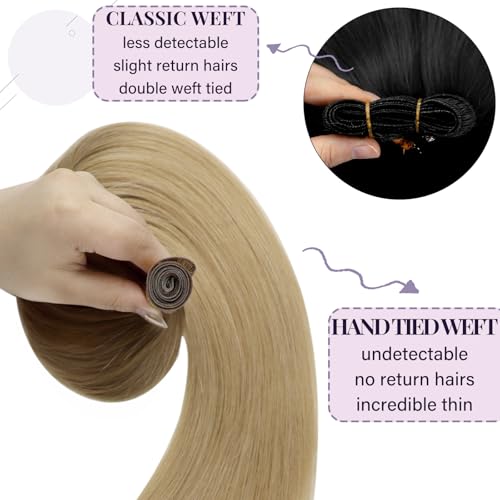 Fshine Human Hair Extensions Genius Wefts 50 Grams 16 inch Human Hair Bundles Balayage Golden Brown Fading to Brown Hand Tied Straight Human Hair Extensions Genius Wefts Sew in Extensions