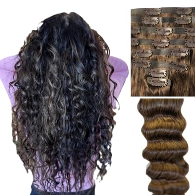 Remy Cuticle Intact Double Drawn Real Human Hair Seamless-Invisible Clip Deep Wave Curl Human Hair Extentions #2 Dark Chocolate Brown 22 inch 120g 8 pcs