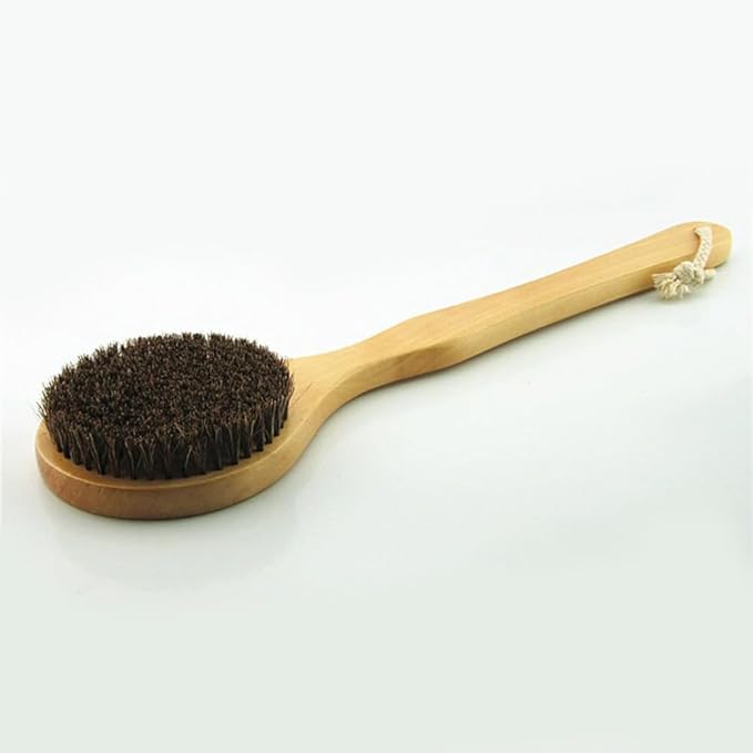 16” Extra Long Handle Dry Bath Body Brush Back Scrubber, Wood Handle Bath & Shower Brush with Soft Dense Horsehair Mane Natural Bristles. (Brown)