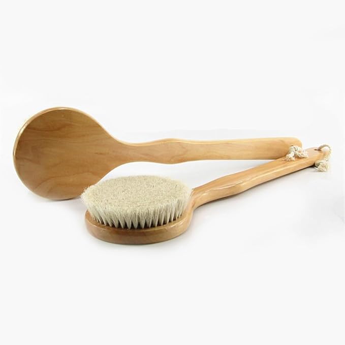 16” Extra Long Handle Dry Bath Body Brush Back Scrubber, Wood Handle Bath & Shower Brush with Soft Dense Horsehair Mane Natural Bristles. (White)