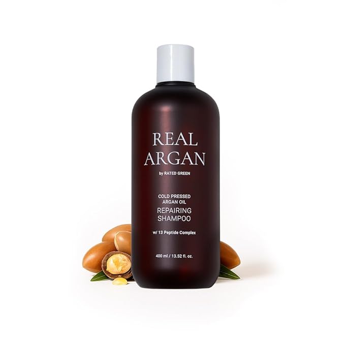 RATED GREEN Real Argan Repairing Shampoo | Organic Cold Pressed Ingredient & 13 Peptide Complex | For Brittle and Damaged hair | Silicone-Free, Korean Hair Care | 13.52 fl oz