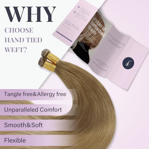 Fshine Hand Tied Human Hair Genius Weft Extensions 50g 14 Inch Human Hair Bundles Balayage Golden Brown Fading to Brown Straight Sew in Brazilian