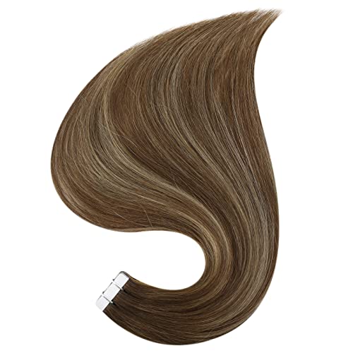 Full Shine Seamless Tape in Hair Extensions Human Hair Color 4/24/4 Medium Brown to Honey Blonde 14Inch Invisible Human Hair Extensions Tape in 20Pcs 50Gram Double Sided Tape in Hair Extensions