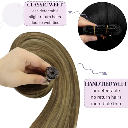 Fshine Hand Tied Human Hair Genius Weft Highlight Genius Weft Color 4P27 Ash Blonde and Golden Blonde Sew in 20 Inch 60g Remy Human Hair Weave Natural