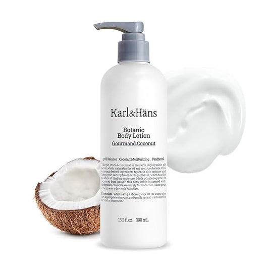 Karl&Hans Moisturizing Body Lotion – Deep Hydration with Coconut-Derived Extracts, RICERA PDRN & Ceramide Complex, Lightweight, Non-Greasy Formula (Mellow Coconut)