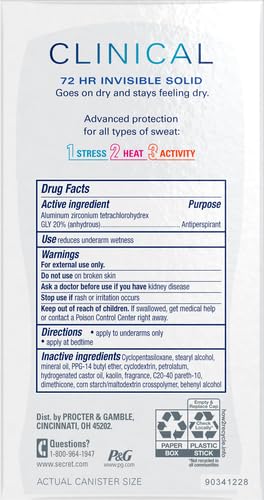 Secret Clinical Strength Antiperspirant Deodorant for Women, Stress Response, 3X Stress Protection, 72hr Sweat & Odor Protection, PH Balancing Minerals, Invisible Solid, 1.6 oz (Pack of 12)
