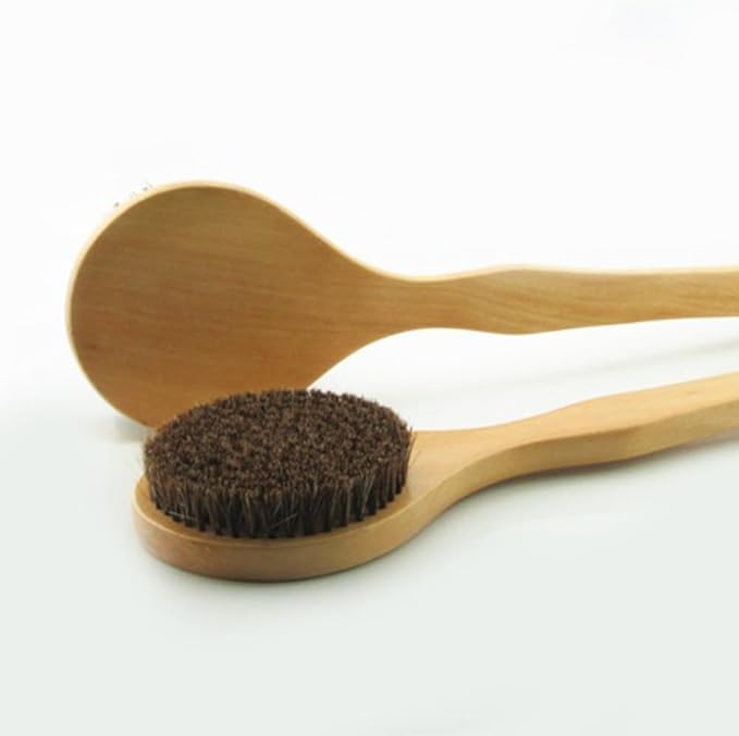 16” Extra Long Handle Dry Bath Body Brush Back Scrubber, Wood Handle Bath & Shower Brush with Soft Dense Horsehair Mane Natural Bristles. (Brown)