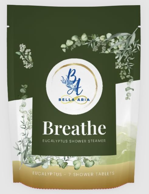 Bella Aria by Just Us Chix - Breathe Eucalyptus Shower Steamers, Aromatherapy Spa Experience, 7 Aromatic Tablets with Mesh Bag
