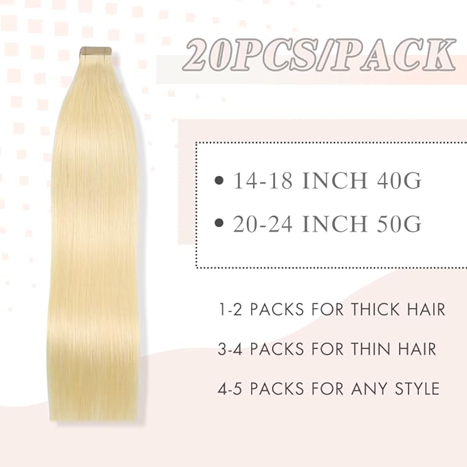 Tape in Extensions for Women 24 Inch Tape in Hair Extensions Color 60 Platinum Blonde Real Hair Extensions for Thin Hair 20pcs Seamless (60#,24 Inch)