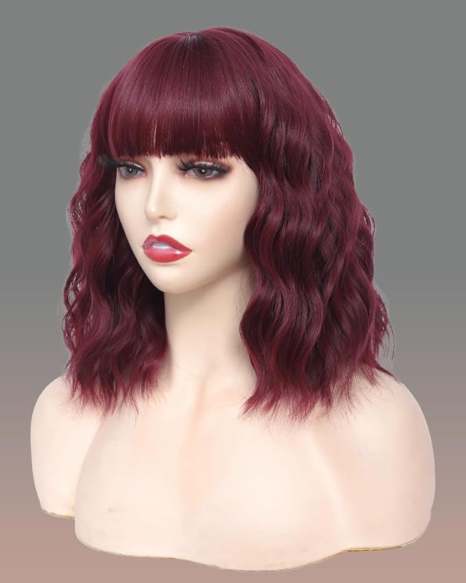 WAVE&BREEZE Red Wig with Bangs Short Curly Bob Wine Red Wigs for Women 14 Inch Shoulder Length Natural Looking Hair Replacement Wigs for Cosplay Party Use