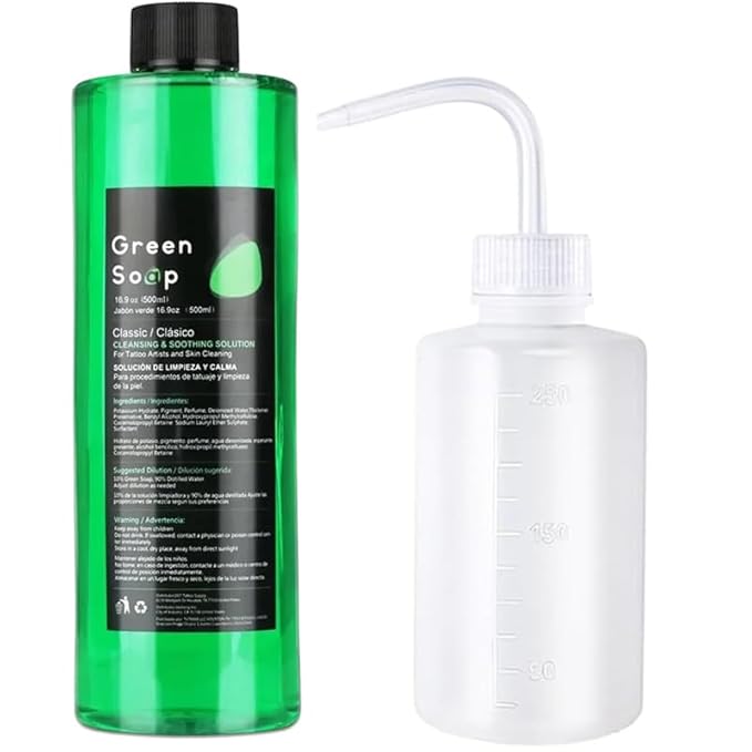 16.9oz Green Soap Kit, Urknall Ultra Concentrated 16.9oz Tattoo Green Soap with 8oz Squeeze Bottle, Green Soap for Tattooing & Piercing Care, Gentle Vegan Formula for Professional Tattoo Supplies