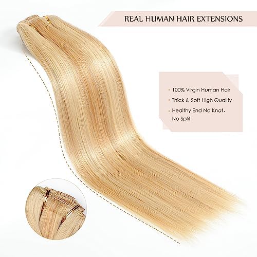 Sisily Clip in Hair Extensions Real Human Hair, 24 inch 180g, Blonde, 100% Brazilian Remy Human Hair Clip in Extensions Soft Straight 7pcs Per Set with 16 Clips Double Weft