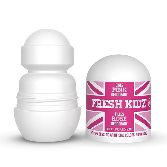 Fresh Kidz Roll On Deodorant for Kids and Teens - Baking Soda and Aluminum-free 24 Hour Protection for Sensitive Skin - Girls "Pink" 1.86 fl.oz. (2 Pack)