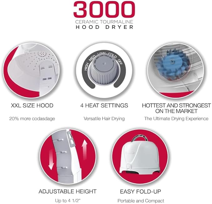 Red by Kiss Professional Hair Care Bundle: 3000 Ceramic Tourmaline Hood Dryer + Dry Vent Heat-Resistant Detangling Brush + Tangle Fixer with Honey & Keratin, Frizz Control & Shine, for All Hair Types
