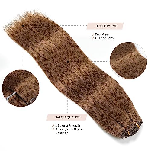 Sisily Clip in Hair Extensions Real Human Hair, 22 inch 170g, Medium Light Brown, 100% Brazilian Remy Human Hair Clip in Extensions Soft Straight 7pcs Per Set with 16 Clips Double Weft