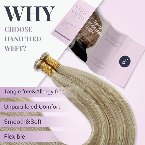 Fshine Real Human Hair Extensions Genius Weft Highlight Ash Blonde And Golden Blonde Sew in for Women 14 Inch 50g Weave Remy Natural