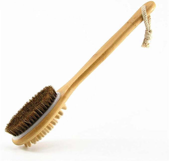 Bamboo Handle Dry Body Brush with Soft Natural Horsehair Bristles & Solid Wood Massage Nodes, Dual-Sided Long Handle Bath Shower Brush Back Scrubber. (15.7" Brown)