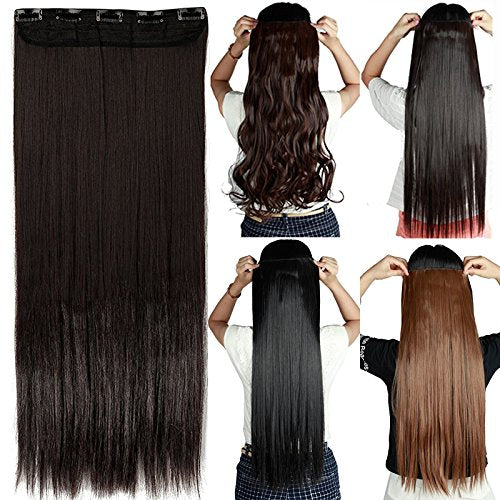 S-noilite 26" Straight Curly 3/4 Full Head One Piece 5clips Clip in Hair Extensions Long Poplar Style for Women Gifts 22colors (26" - Straight, dark brown)