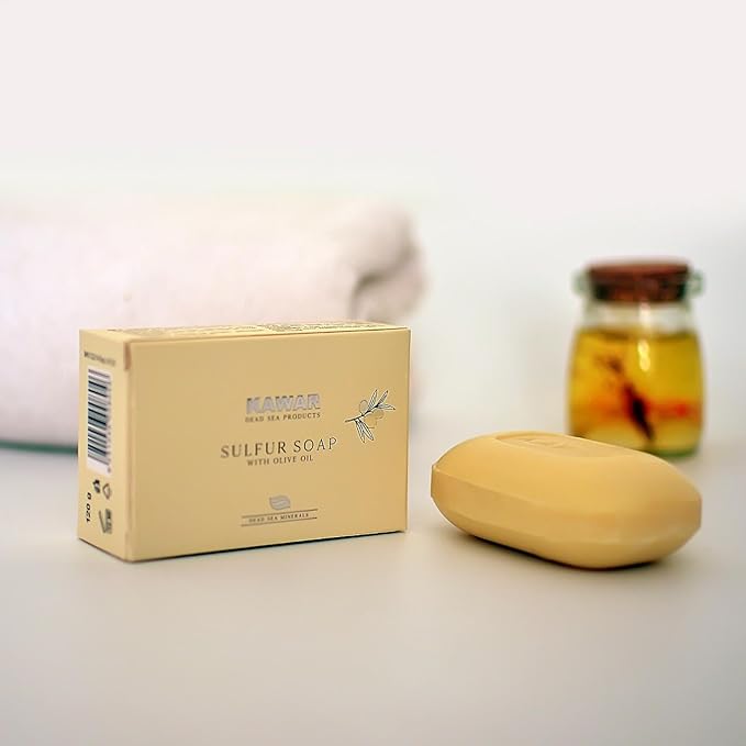 KAWAR Dead Sea Sulfur Soap with Olive Oil, Relief Skin Conditions Such as Acne, Psoriasis, Eczema & Blackheads, for Oily to Normal Skin, Vegan Soap Bar for Men & Women, 4.2 oz (Pack of 2)