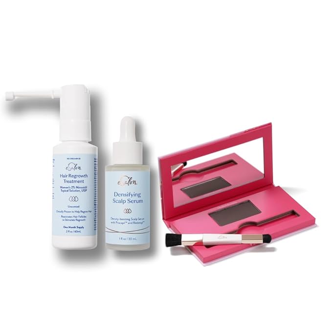 eSalon Thinning Hair Bundle, Root Touch Up + Brow Powder (Medium Brunette), 2% Minoxidil Hair Regrowth Treatment, Densifying Scalp Serum with Procapil + Redensyl