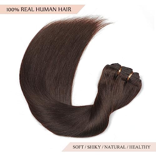 Sisily Clip in Hair Extensions Real Human Hair, 16 inch 140g, Dark Brown, 100% Brazilian Remy Human Hair Clip in Extensions Soft Straight 7pcs Per Set with 16 Clips Double Weft